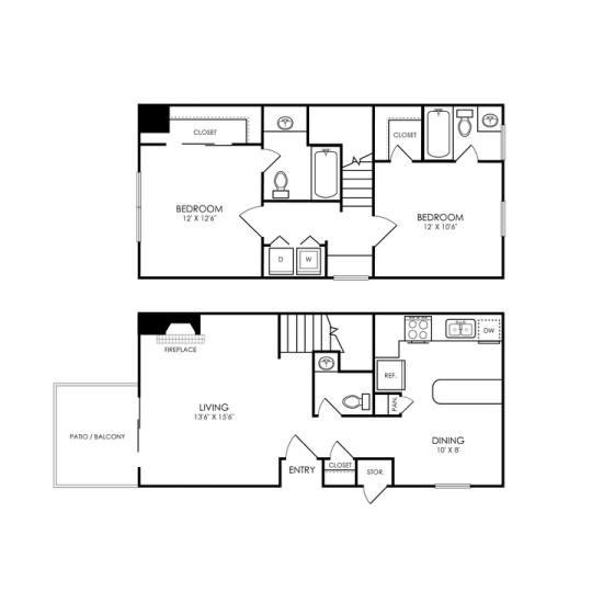 The Hathaway at Willow Bend Floor Plan 2 bed 2.5 bth TH 2 Bed 2.5 Bath 1157 sqft